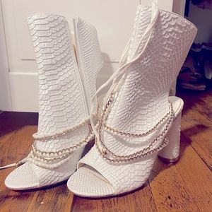 Faux white snakeskin open toe booties. NEW!!